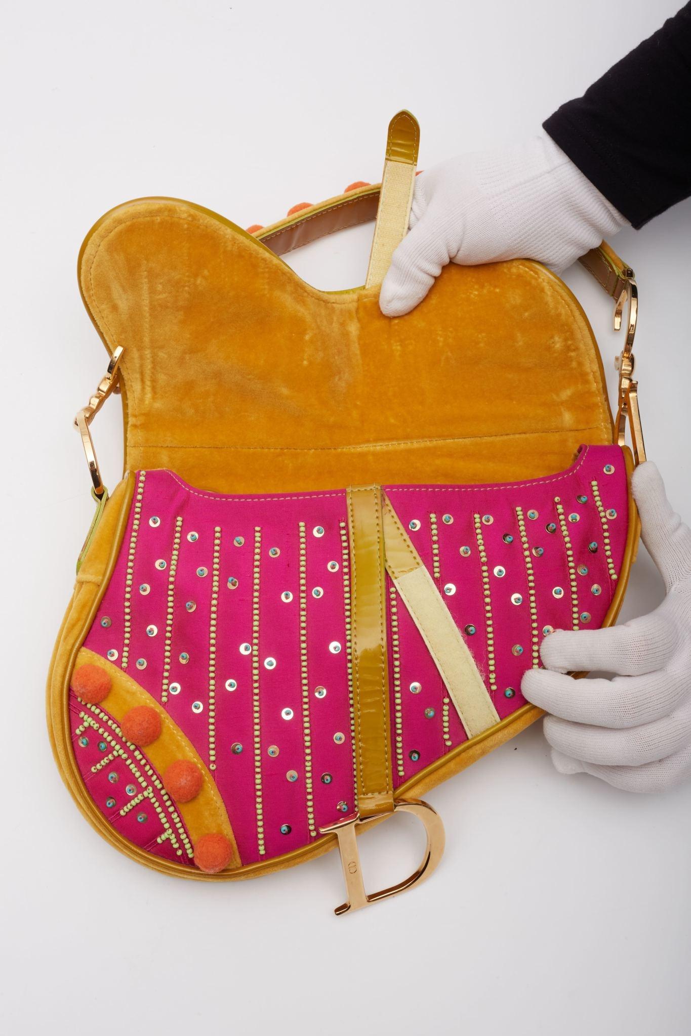 Dior Velvet Nylon Indienne Pom Pom Saddle Bag 5