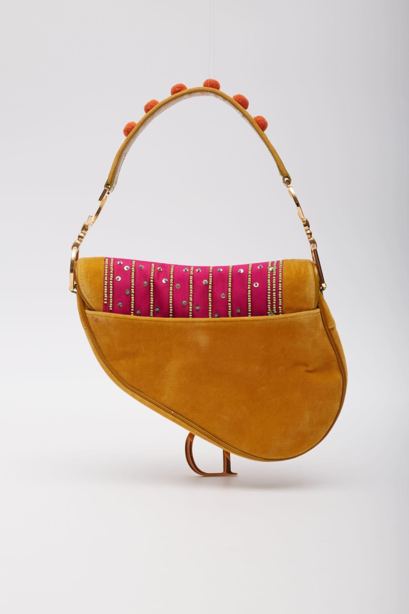 Brown Dior Velvet Nylon Indienne Pom Pom Saddle Bag