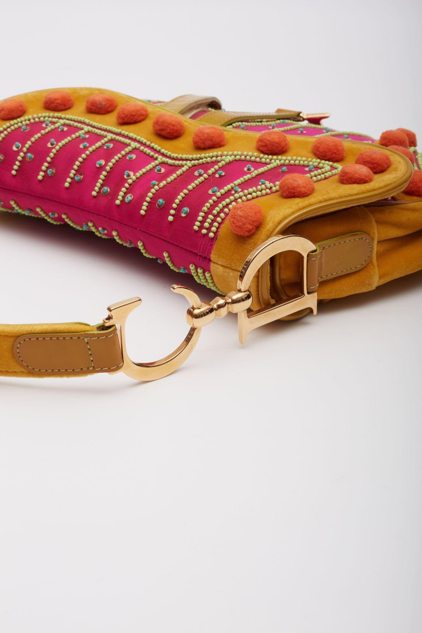 Dior Velvet Nylon Indienne Pom Pom Saddle Bag 4