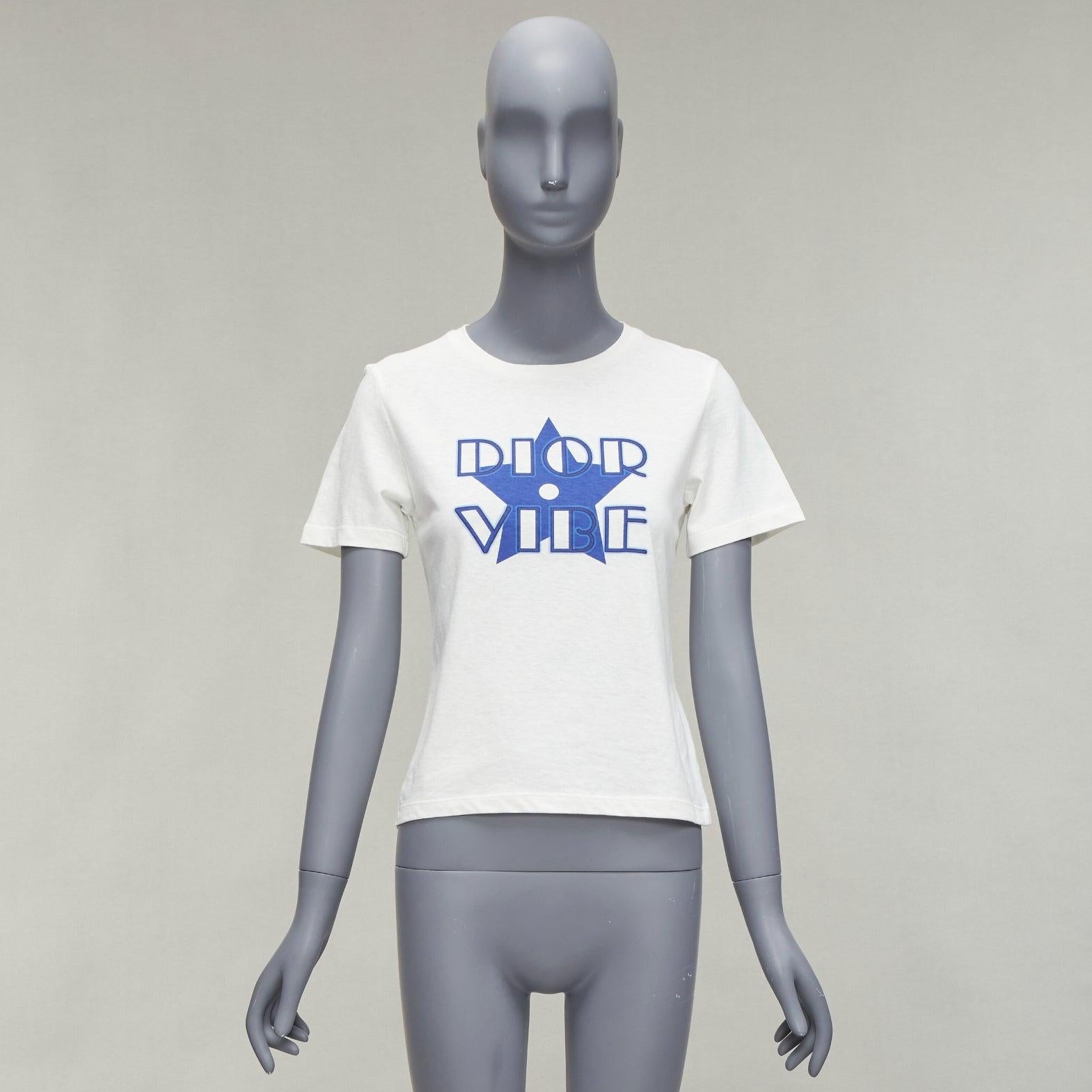 DIOR Vibe blue star logo graphic print white cotton linen short sleeve tshirt XS For Sale 5