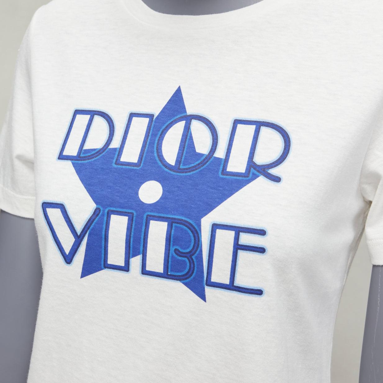 DIOR Vibe blue star logo graphic print white cotton linen short sleeve tshirt XS For Sale 3