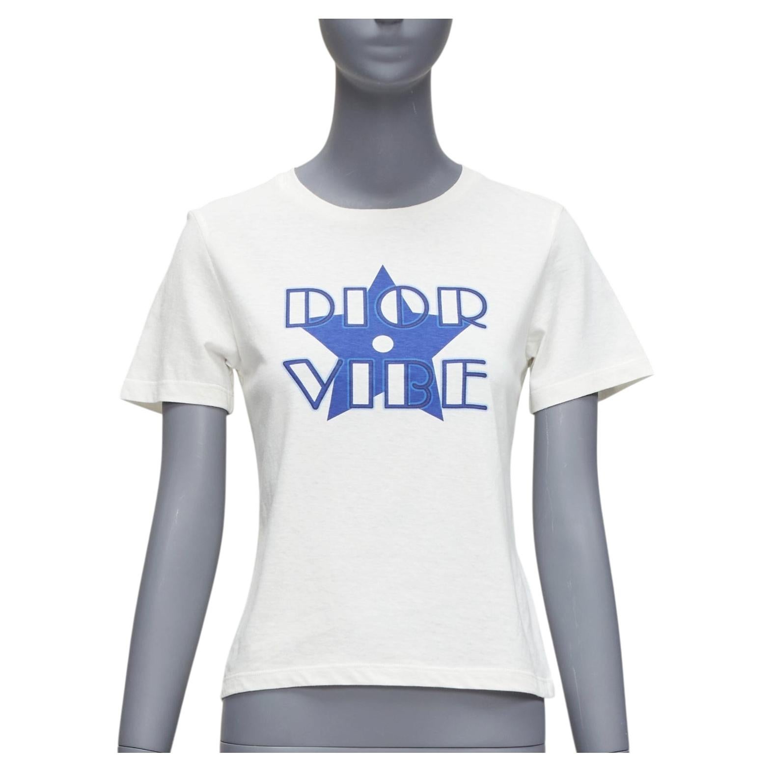 DIOR Vibe blau Stern Logo Grafikdruck weiß Baumwolle Leinen Kurzarm-T-Shirt XS im Angebot