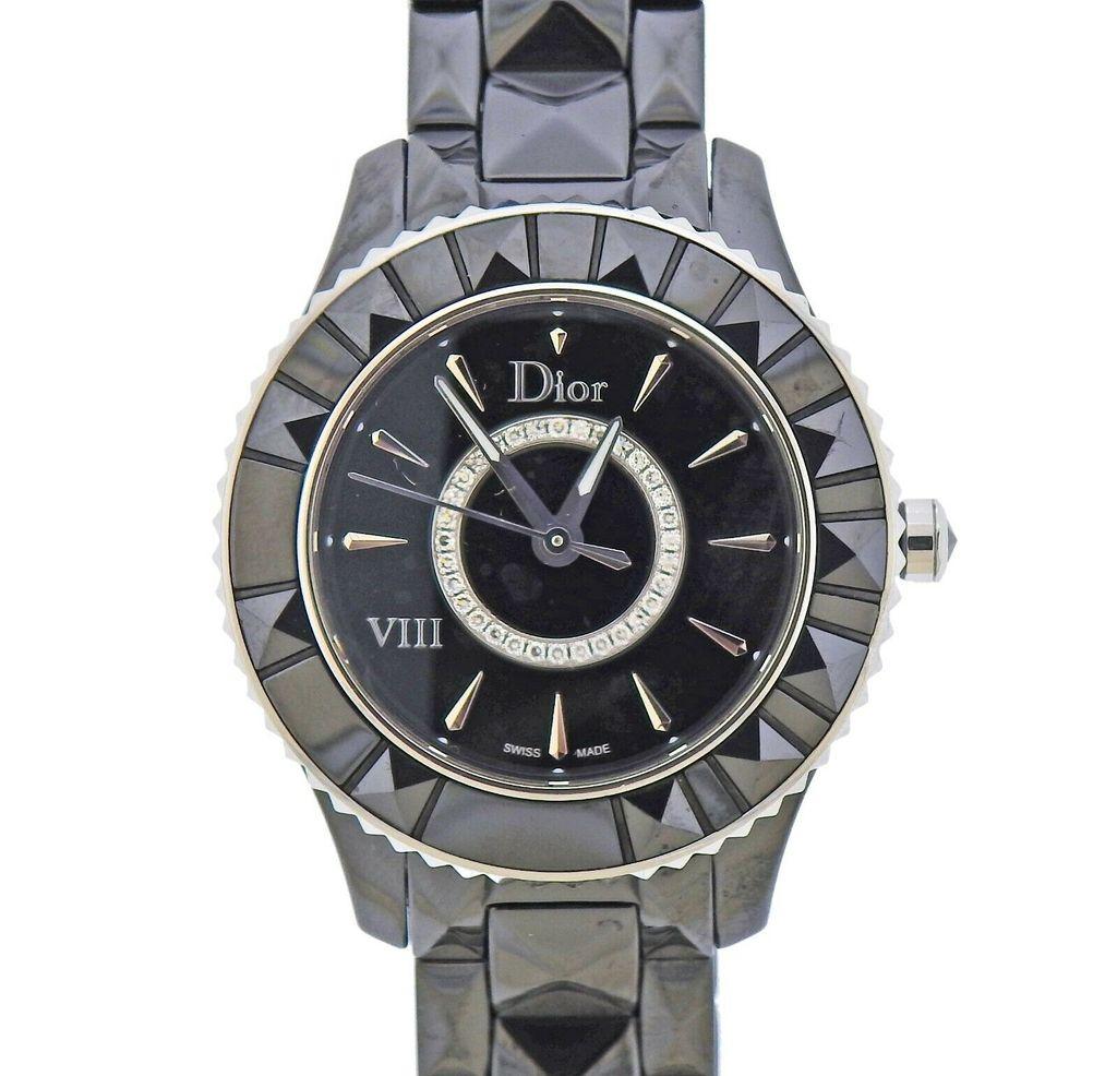 Black Ceramic Diamond ladies automatic watch made by Dior. Case 33mm, black ceramic band will fit up to 8