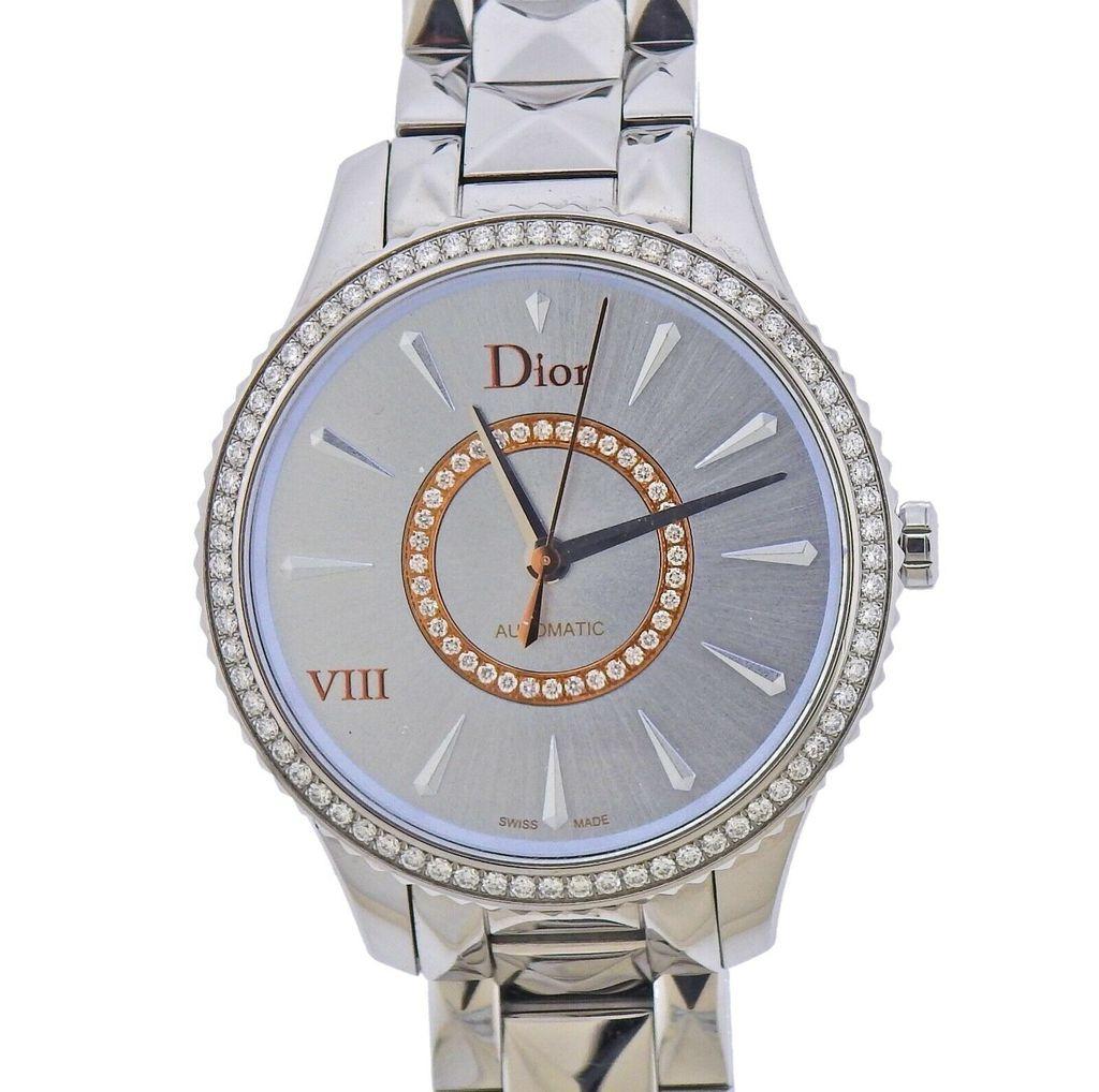 Stainless Steel diamond ladies automatic watch made by Dior. Case 38mm, stainless steel band will fit up to 8