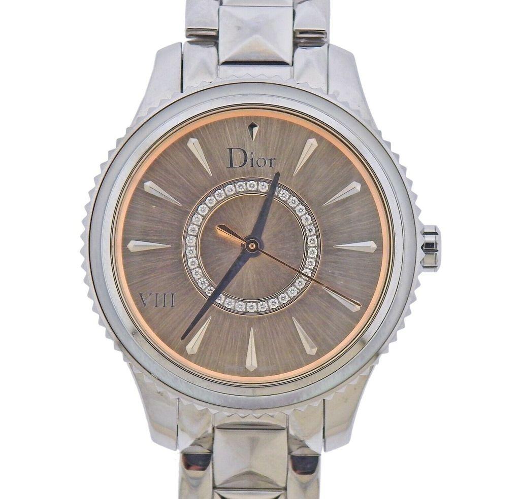 Stainless Steel diamond ladies quartz watch made by Dior.  Case 33mm, stainless steel band will fit up to 7.5