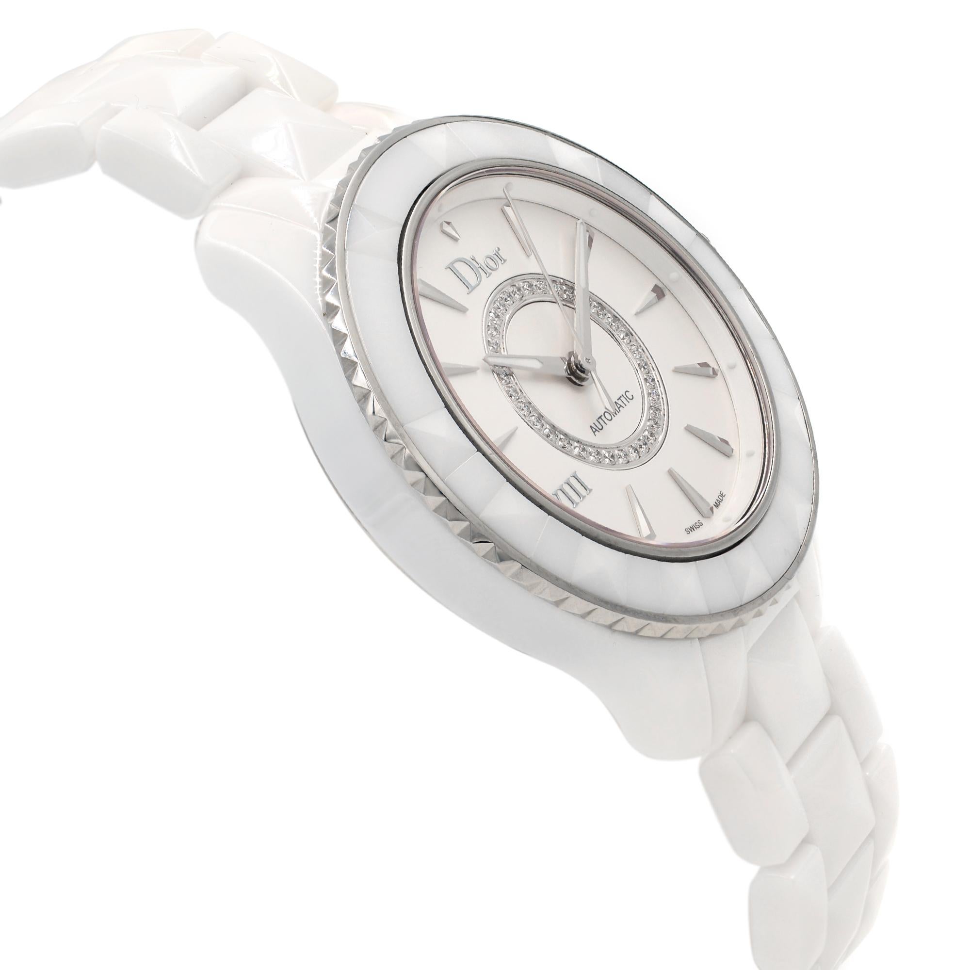 Dior VIII Weiße Automatikuhr CD1245E3C002 aus Keramikstahl mit Diamant-Silber-Zifferblatt Damen im Angebot