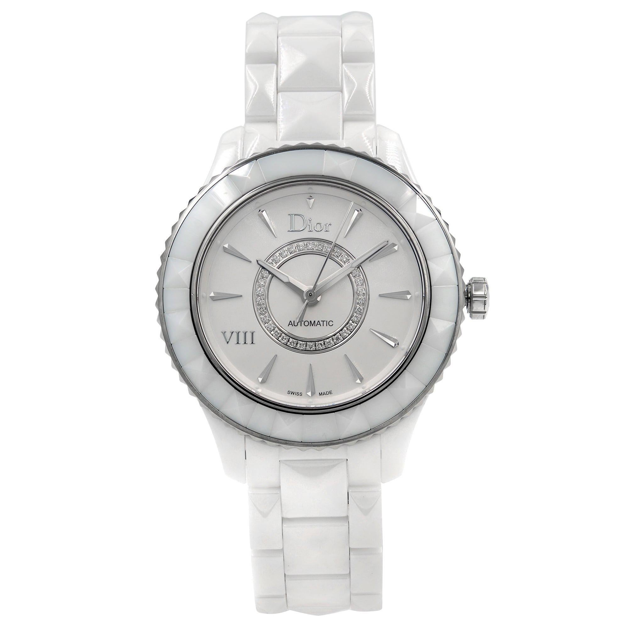 Dior VIII Montre automatique en céramique blanche avec cadran en argent et diamants CD1245E3C002 en vente