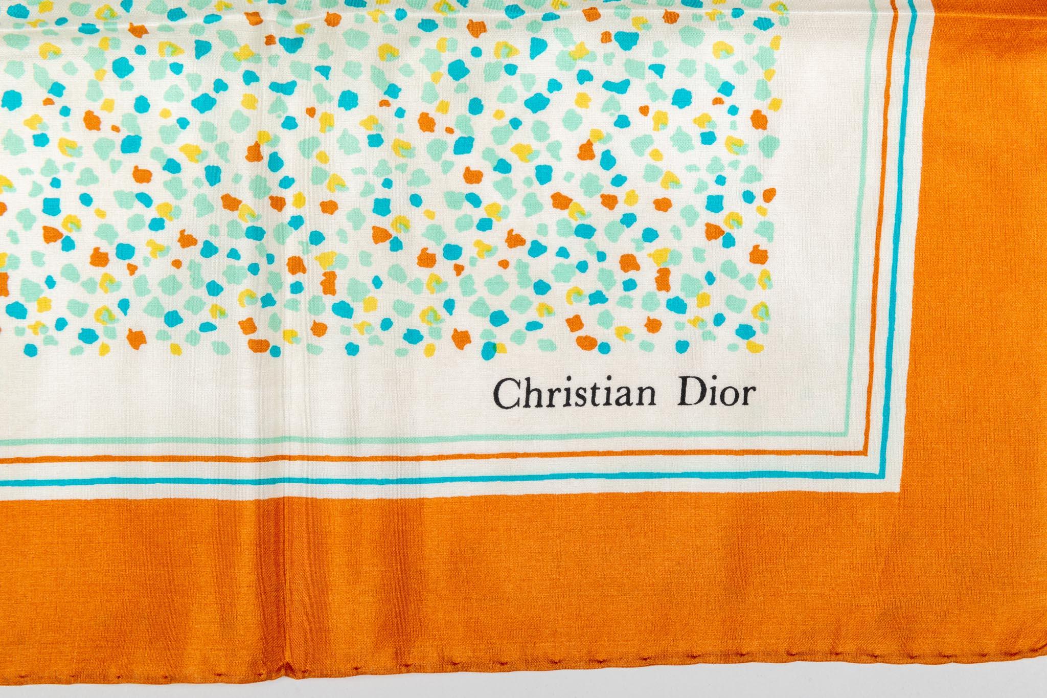Dior vintage abstract small silk scarf with dots design. Orange, white and green combination. Original label.