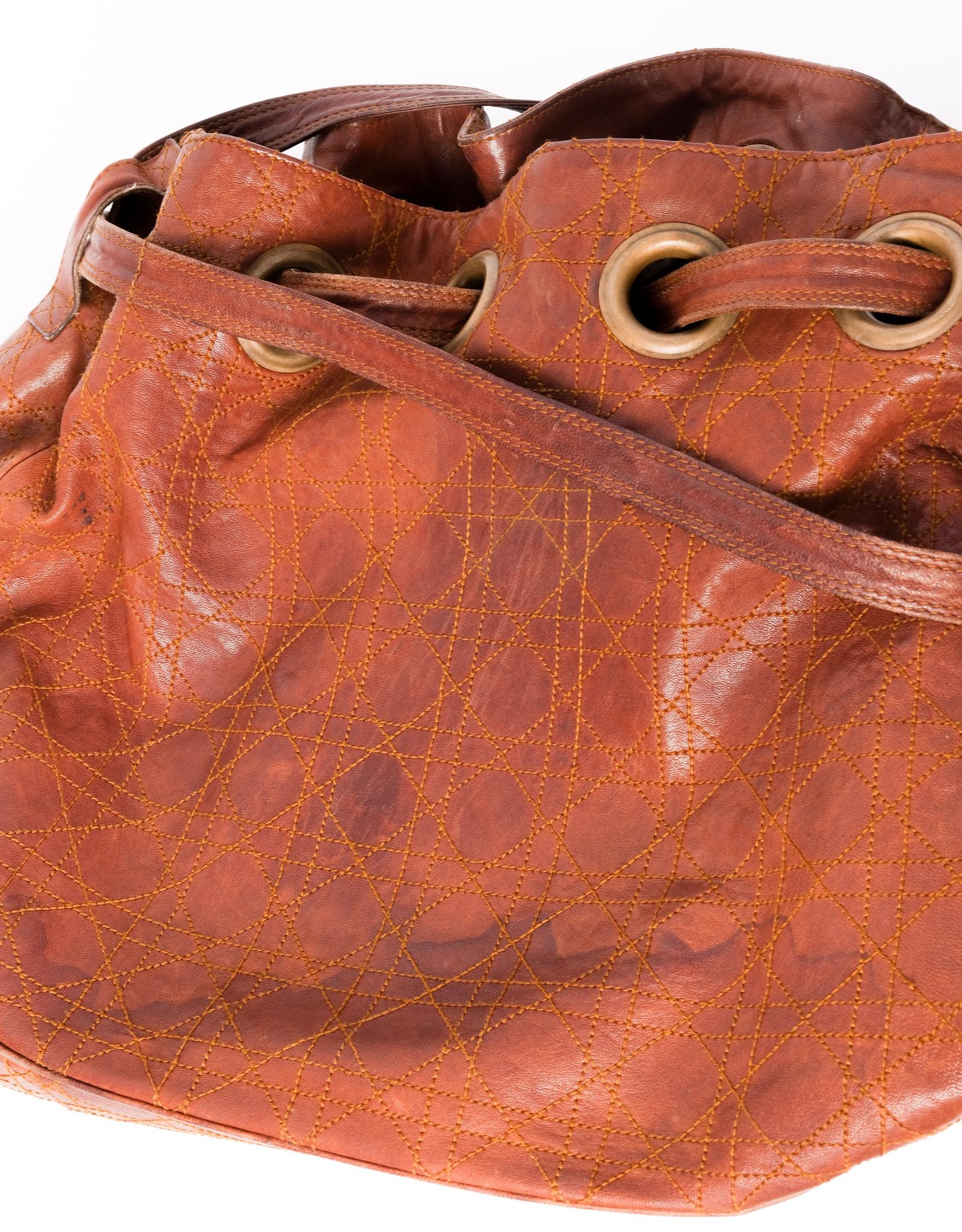Orange Dior Vintage Brown Cannage Leather Drawstring Hobo Bag 2006 For Sale