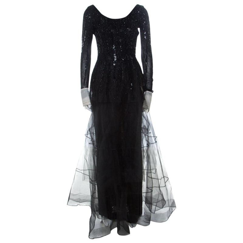 Dior Vintage Black Embellished Tulle Contrast Cuff Detail Scoop Back Gown M