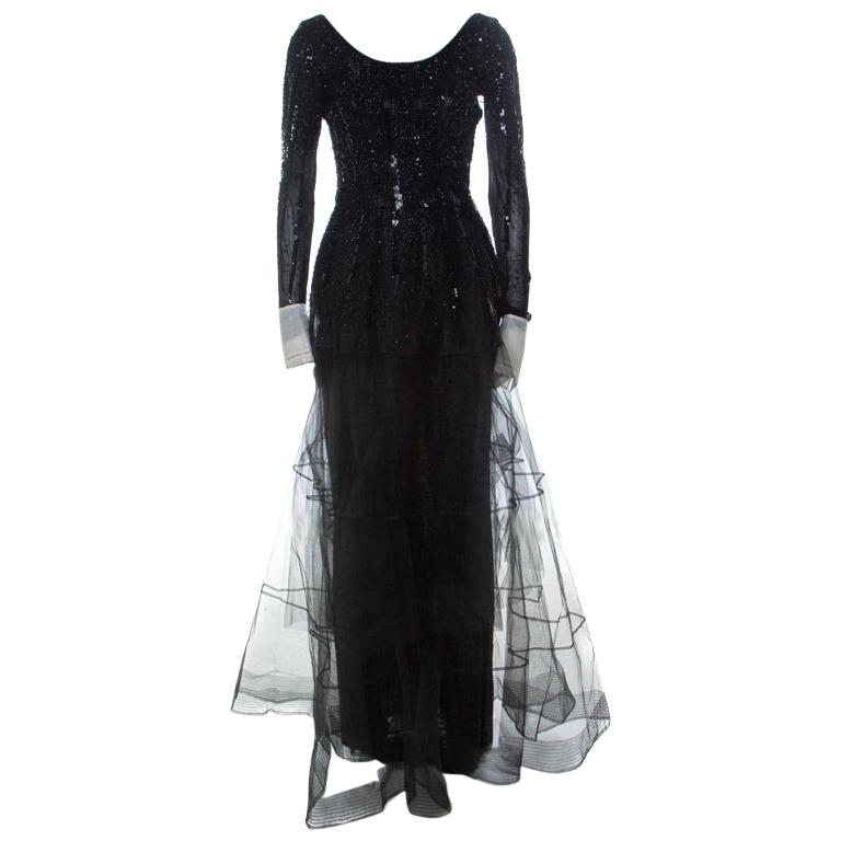 Dior Vintage Black Embellished Tulle Contrast Cuff Detail Scoop Back Gown M