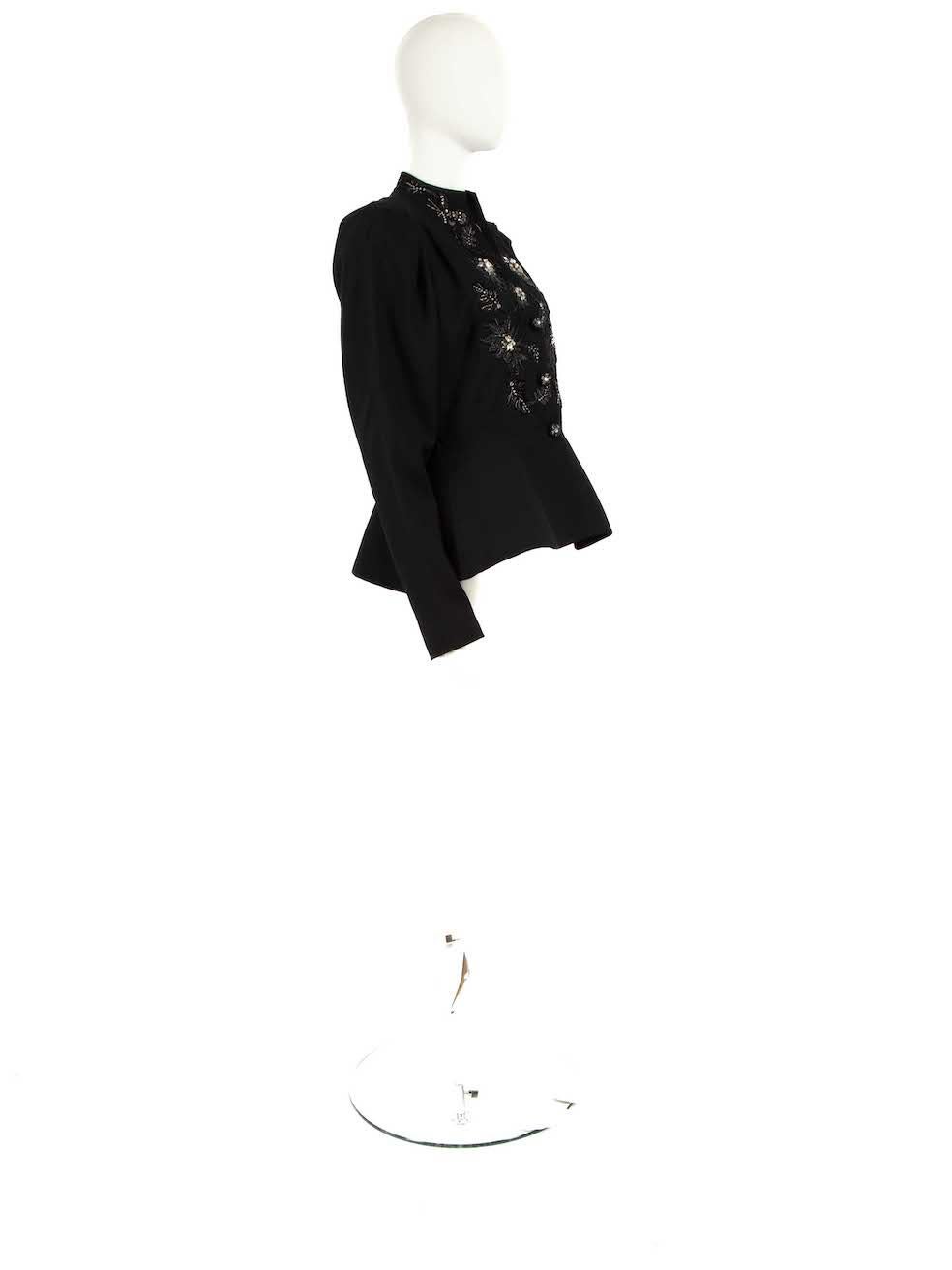 CONDITION is Very good. Hardly any visible wear to jacket is evident, however the belt is missing on this used Dior designer resale item.
 
 Details
 Vintage
 Black
 Synthetic
 Peplum jacket
 Floral beaded embellishment
 Front snap buttons closure

