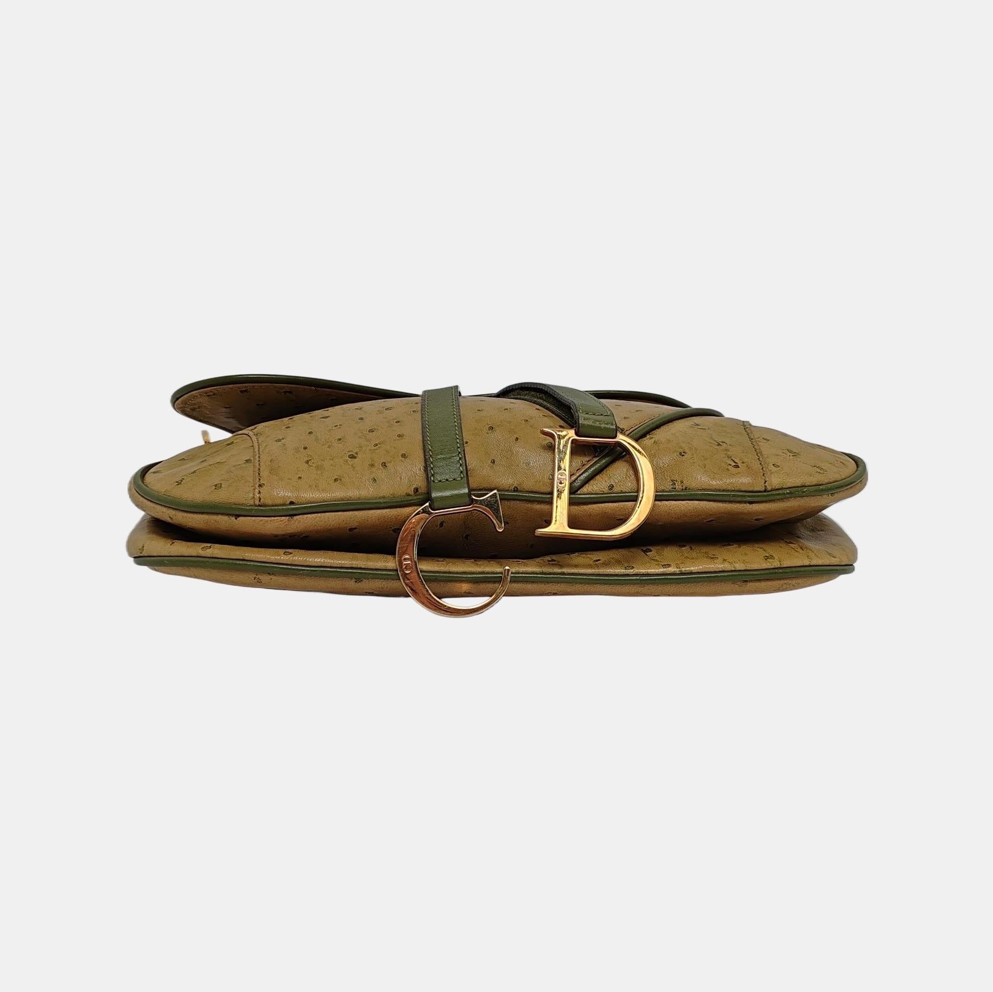 Dior Vintage Doppelter Sattel Grünes Leder Goldbeschläge (Braun) im Angebot