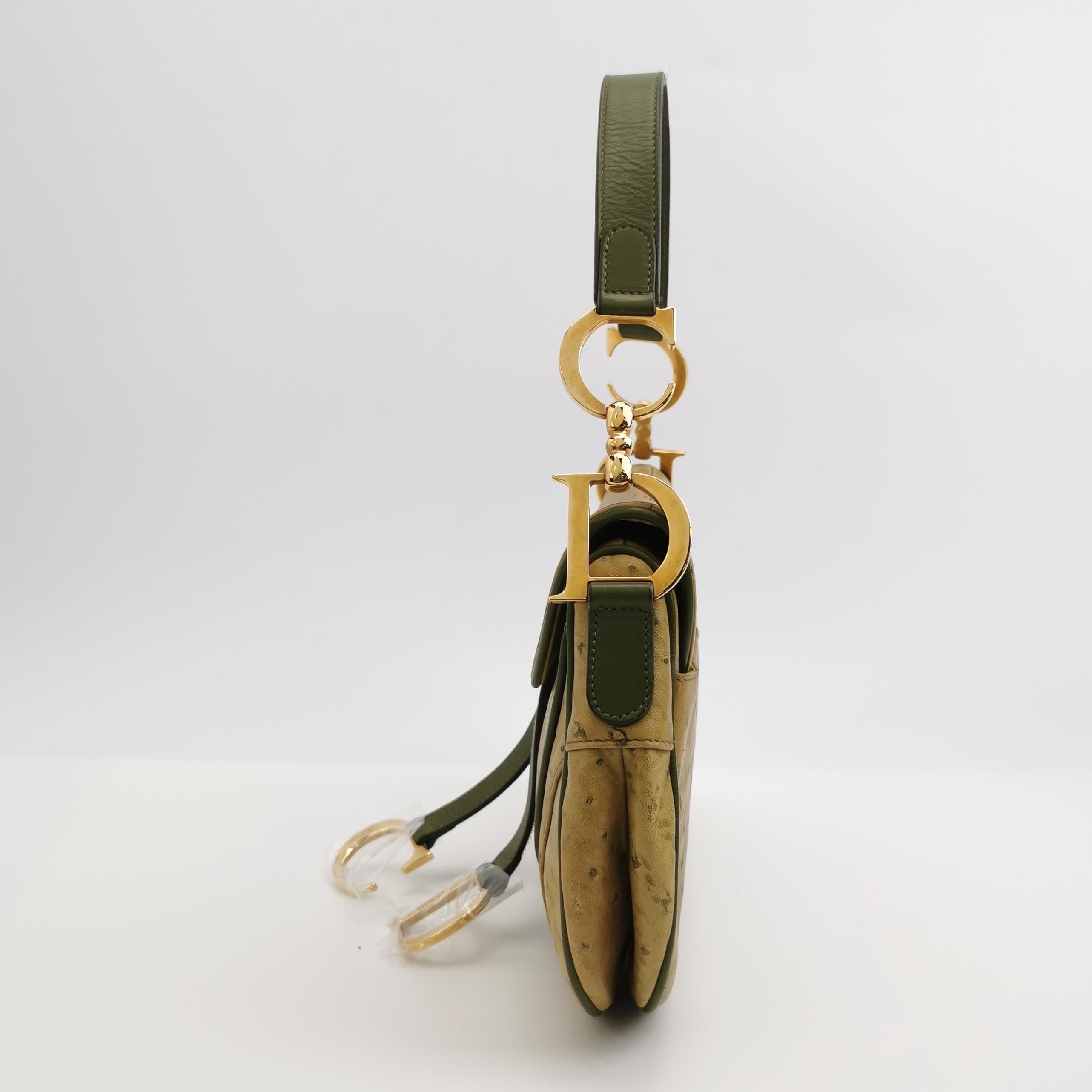 Brown Dior Vintage Double Saddle Green Leather Gold Hardware For Sale