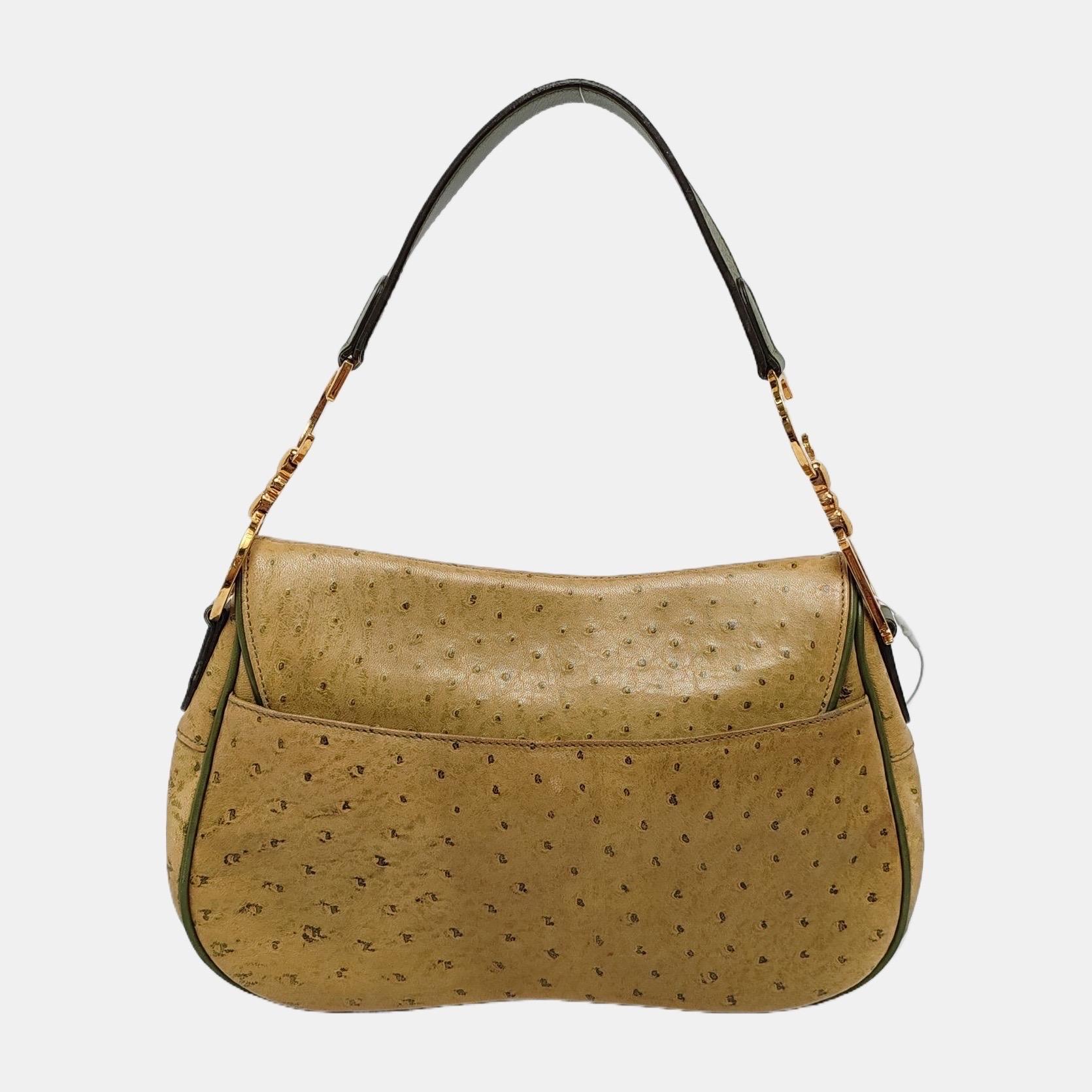 Dior Vintage Doppelter Sattel Grünes Leder Goldbeschläge Damen im Angebot