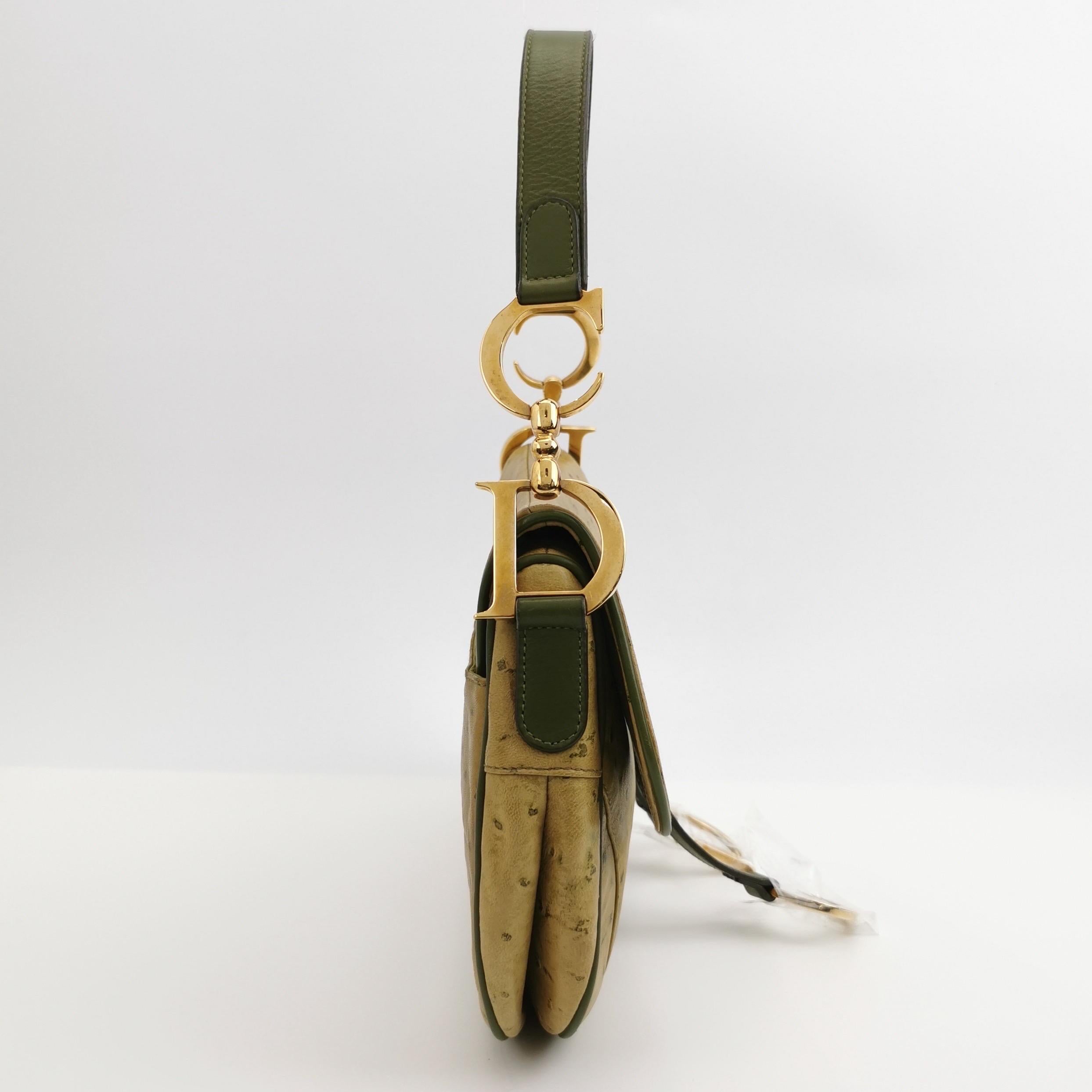 Dior Vintage Double Saddle Green Leather Gold Hardware For Sale 1