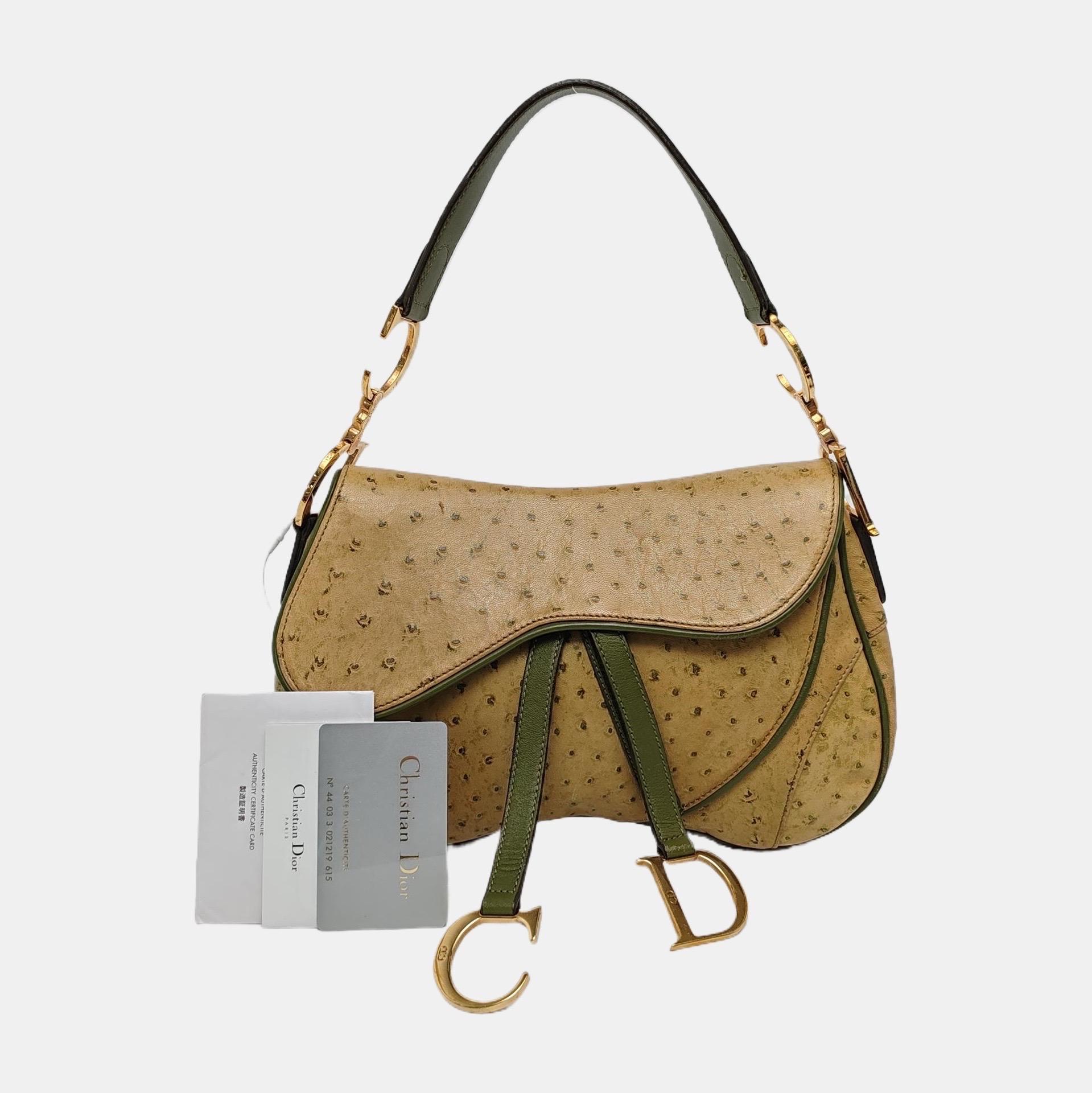 Dior Vintage Doppelter Sattel Grünes Leder Goldbeschläge im Angebot 2
