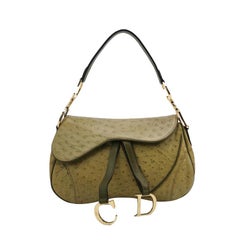 Dior Vintage Double Saddle Green Ostrich Leather Gold Hardware