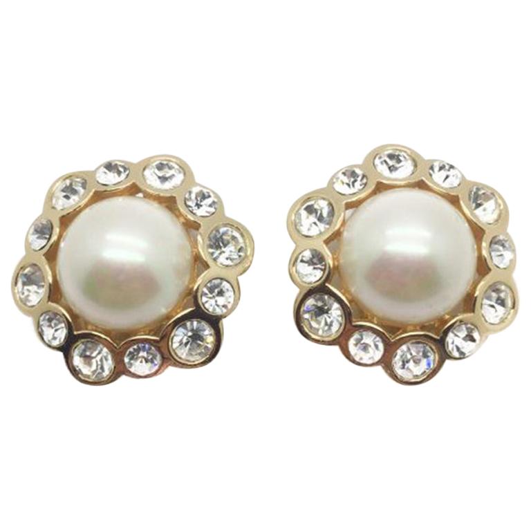 Pendientes Dior Vintage Perla Cristal Pedrería Años 90