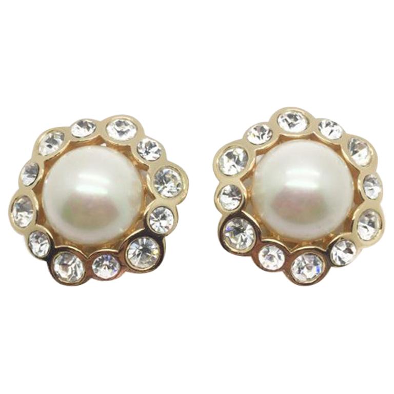 Dior Vintage Earrings Pearl Crystal Rhinestones 1990s For Sale