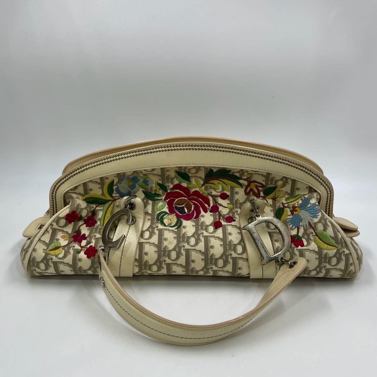 Dior Vintage Embroidered Diorissimo Bowler Bag Top White Monogram For Sale 1
