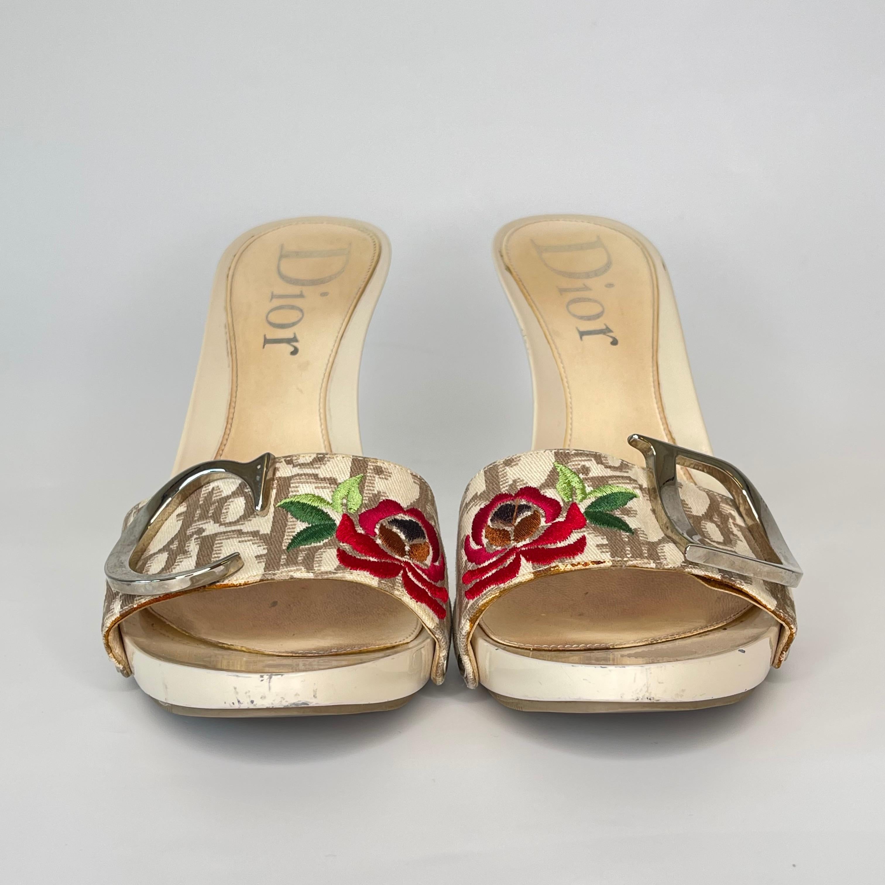Dior pumps by John Galliano feature hard plastic in beige uppers, an oblique sandal strap with red flower, rubber soles and CD charms at the front.

COLOR: Beige
MATERIAL: Plastic
SIZE: 37.5 EU / 6.5 US
HEEL HEIGHT: 80 mm (3 inch)
CONDITION: Fair -