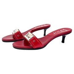 Dior Vintage Galliano Logo Plaque Red Leather Slip On Mules Sandals 35.5
