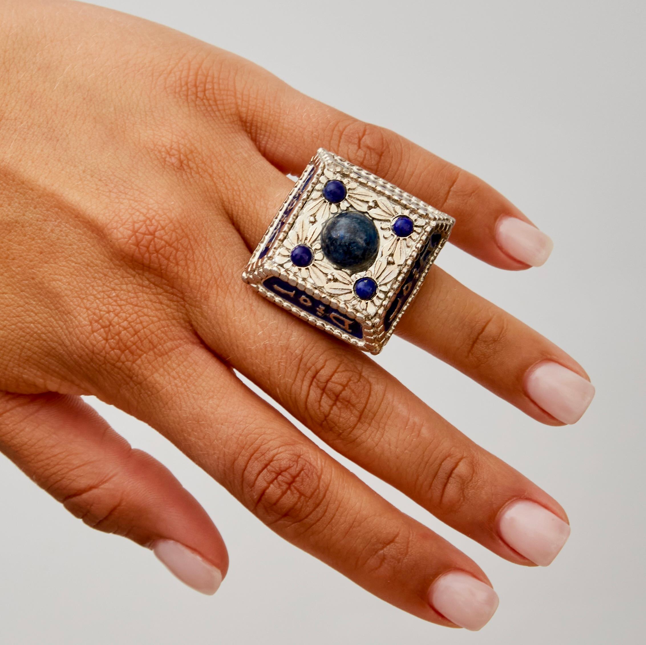 Women's or Men's Dior Vintage Galliano Silver Embellished Blue Enamel Ring For Sale