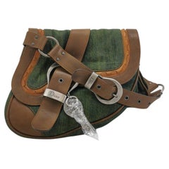 Sac à bandoulière Dior Vintage « Gaucho » grand format, en denim vert et cuir marron