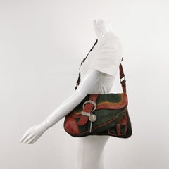 Dior Vintage Gaucho Large Green Denim Burgundy Leather Crossbody Bag 2006