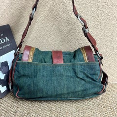 Dior Vintage Gaucho Large Green Denim Burgundy Leder Crossbody Bag 2006