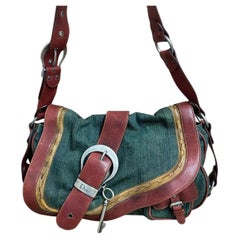 Dior Vintage Gaucho Large Green Denim Burgundy Leder Crossbody Bag 2006
