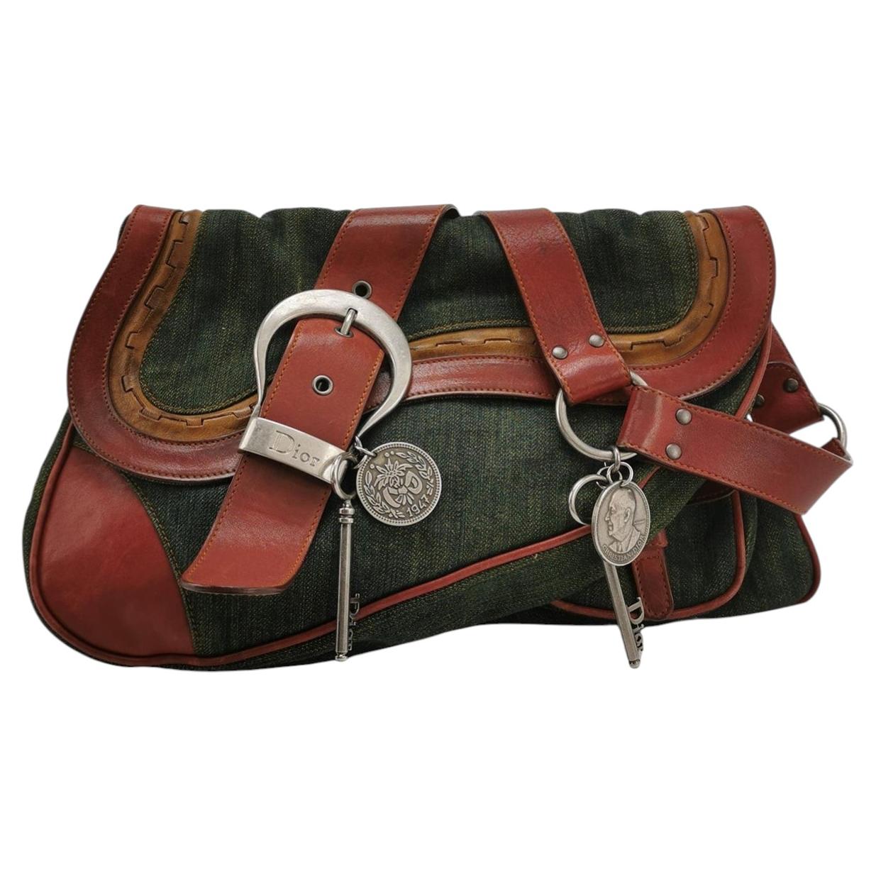 Dior Vintage Gaucho Borsa a tracolla grande in pelle verde denim bordeaux 2006