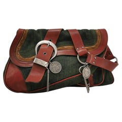 Dior Vintage Gaucho Large Green Denim Burgundy Leather Crossbody Bag 2006