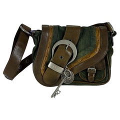 Dior Vintage Gaucho Mini Green Denim Brown Leather Crossbody Bag 2006