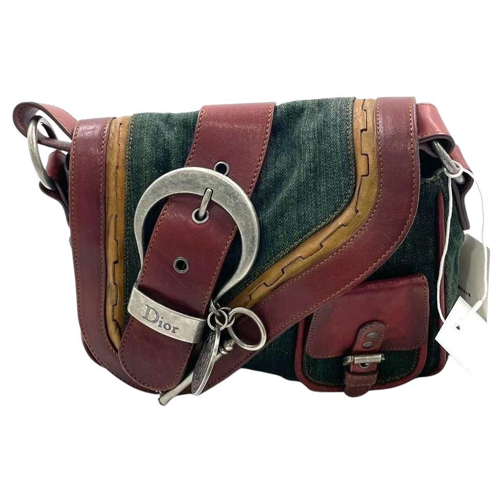 Dior Vintage Gaucho Mini Green Denim Burgundy Leather Crossbody Bag 2006 For Sale