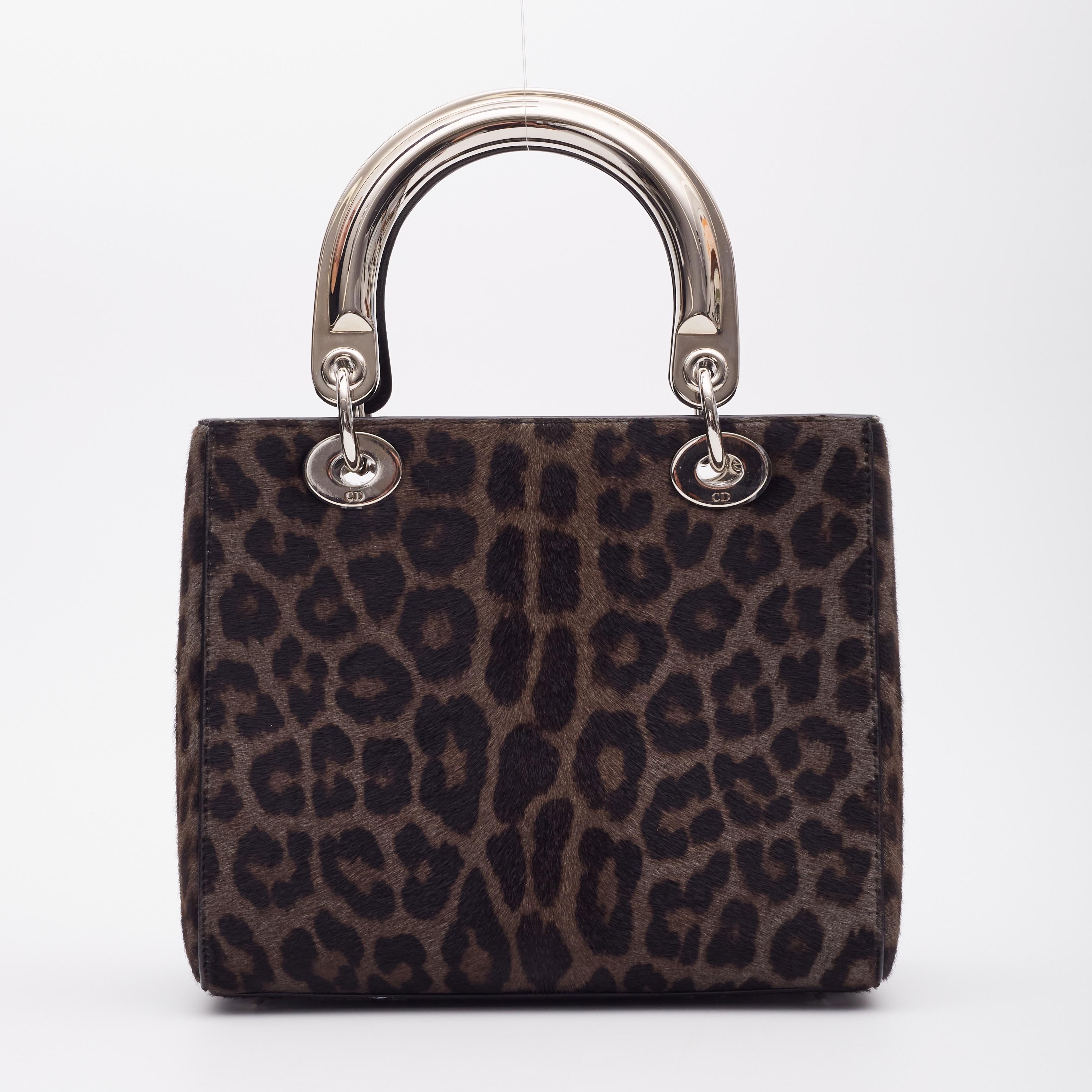 Dior Vintage Grey Black Calf Hair Leopard Print Lady Dior Bag In Good Condition For Sale In Montreal, Quebec