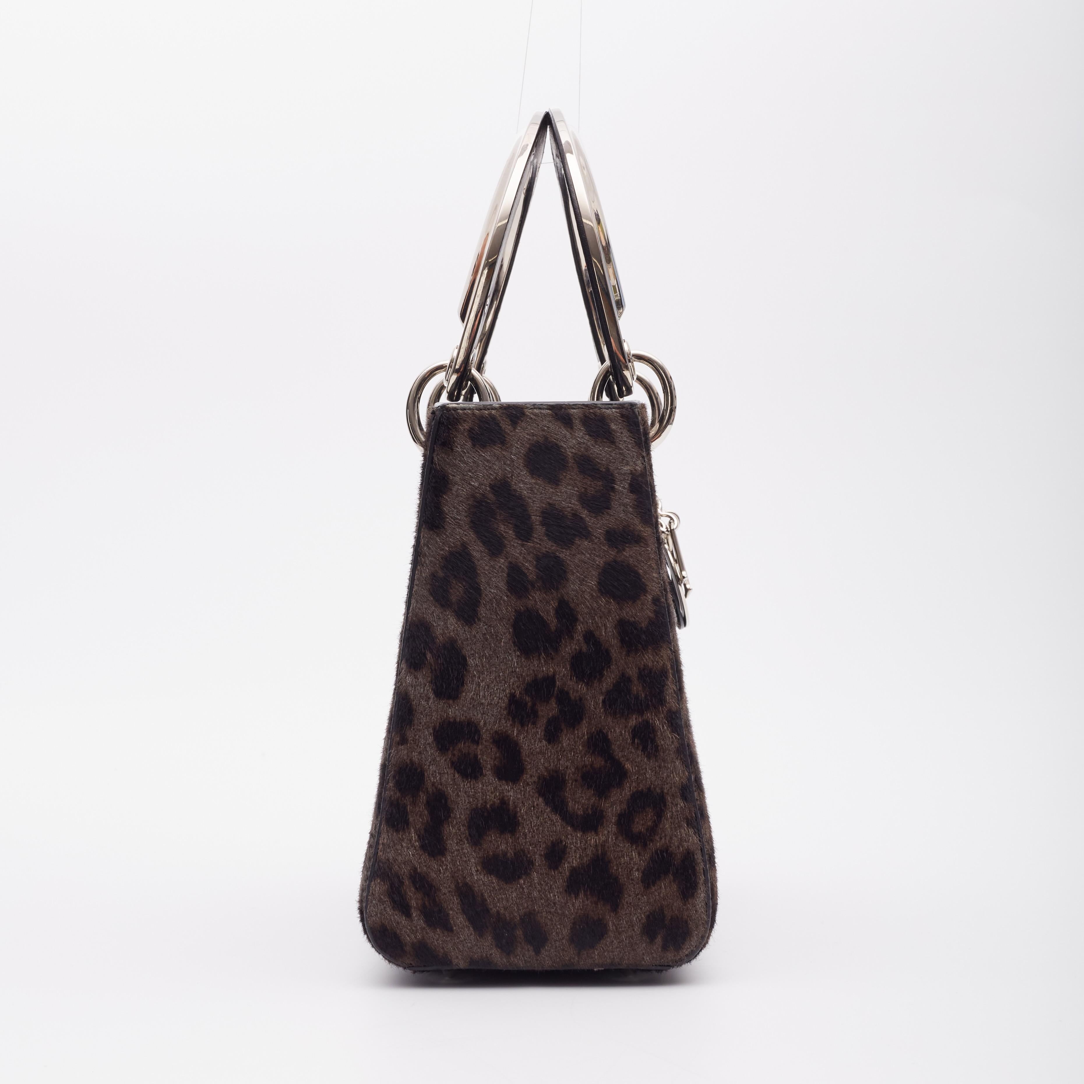 Dior Vintage Grau Schwarz Kalbshaar Leopard Print Lady Dior Tasche Damen