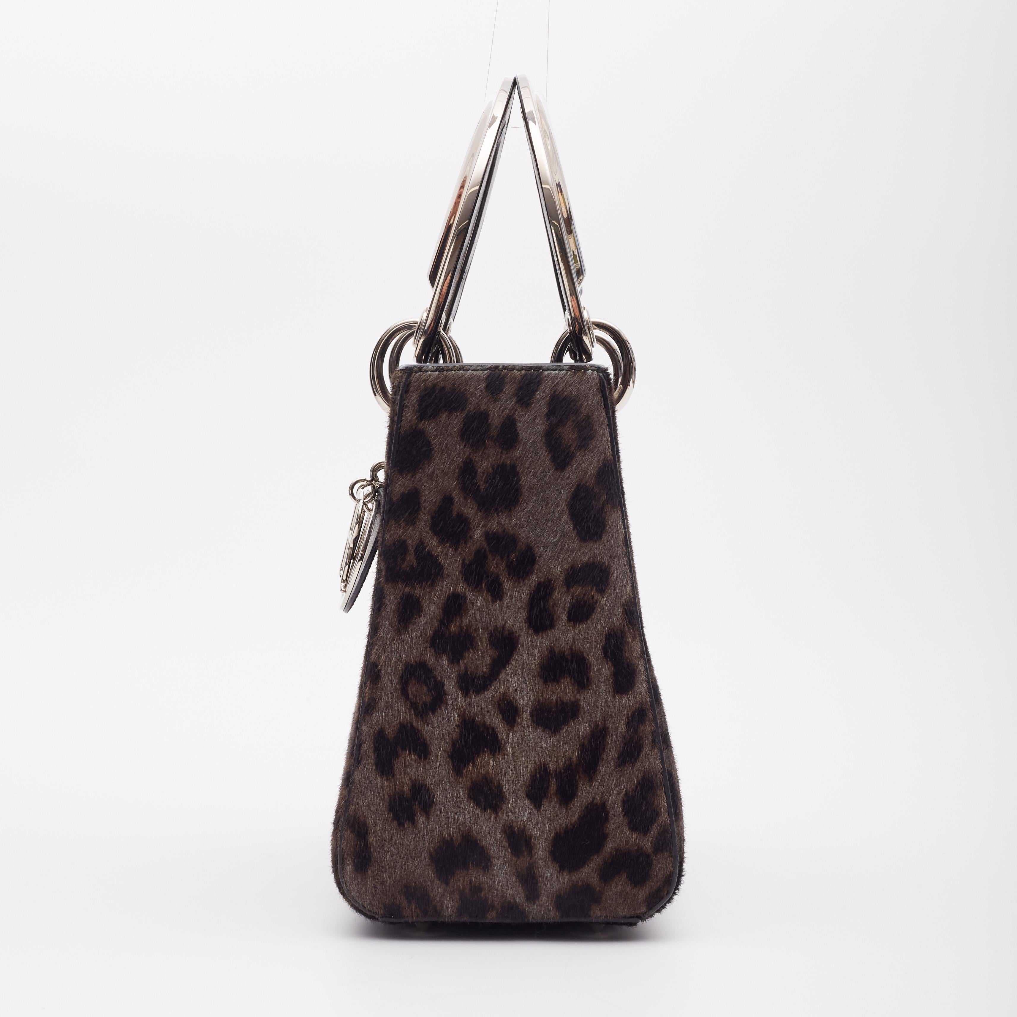 Dior Vintage Grey Black Calf Hair Leopard Print Lady Dior Bag For Sale 1