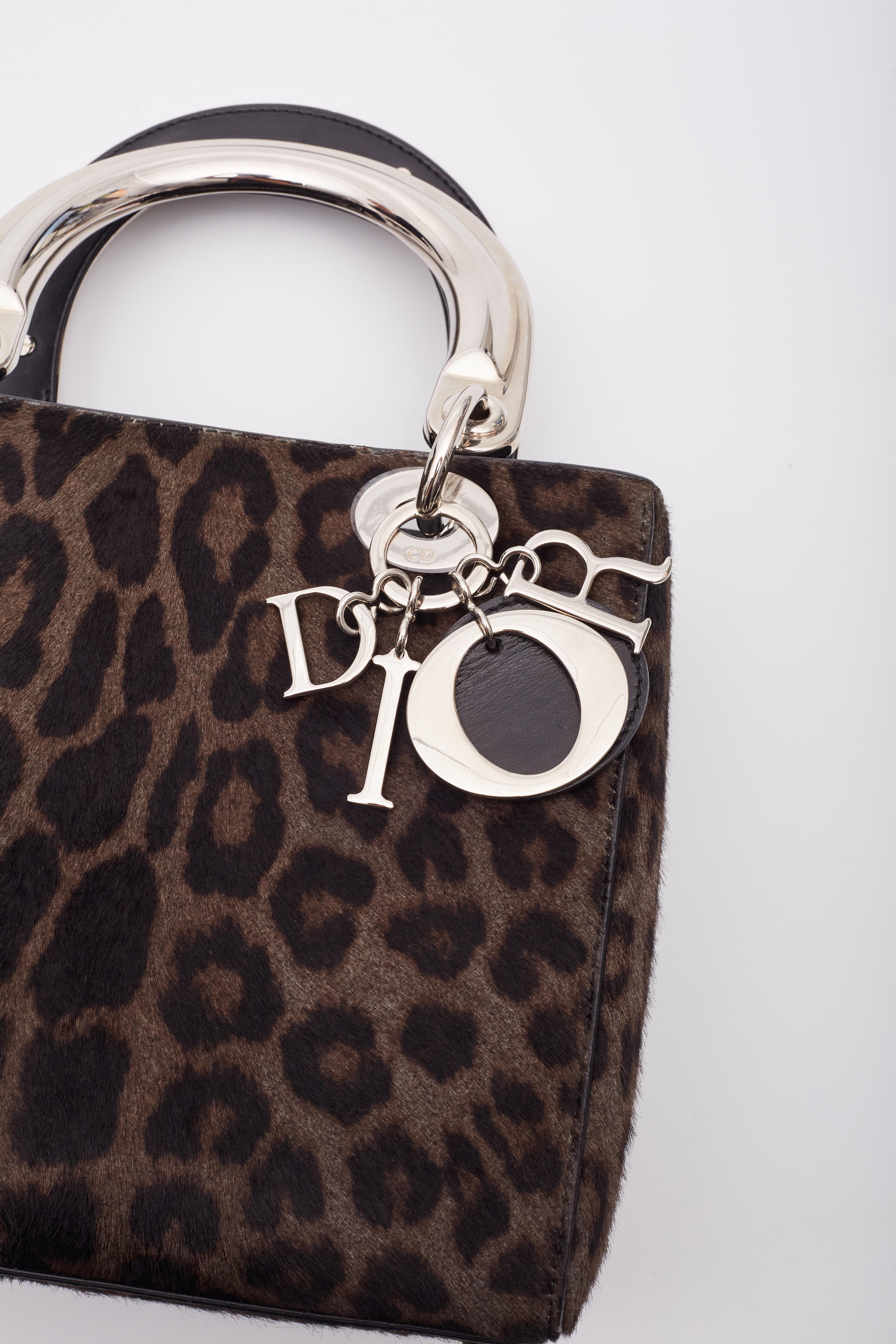 Dior Vintage Grey Black Calf Hair Leopard Print Lady Dior Bag For Sale 3