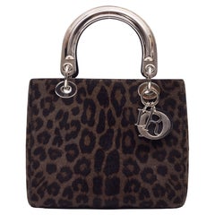 Dior Used Grey Black Calf Hair Leopard Print Lady Dior Bag