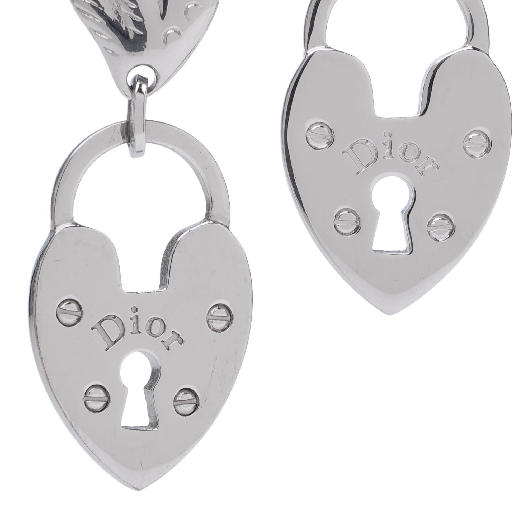Dior vintage Heart Padlock Screw-Back Earrings with wing detail In Excellent Condition For Sale In Braintree, GB