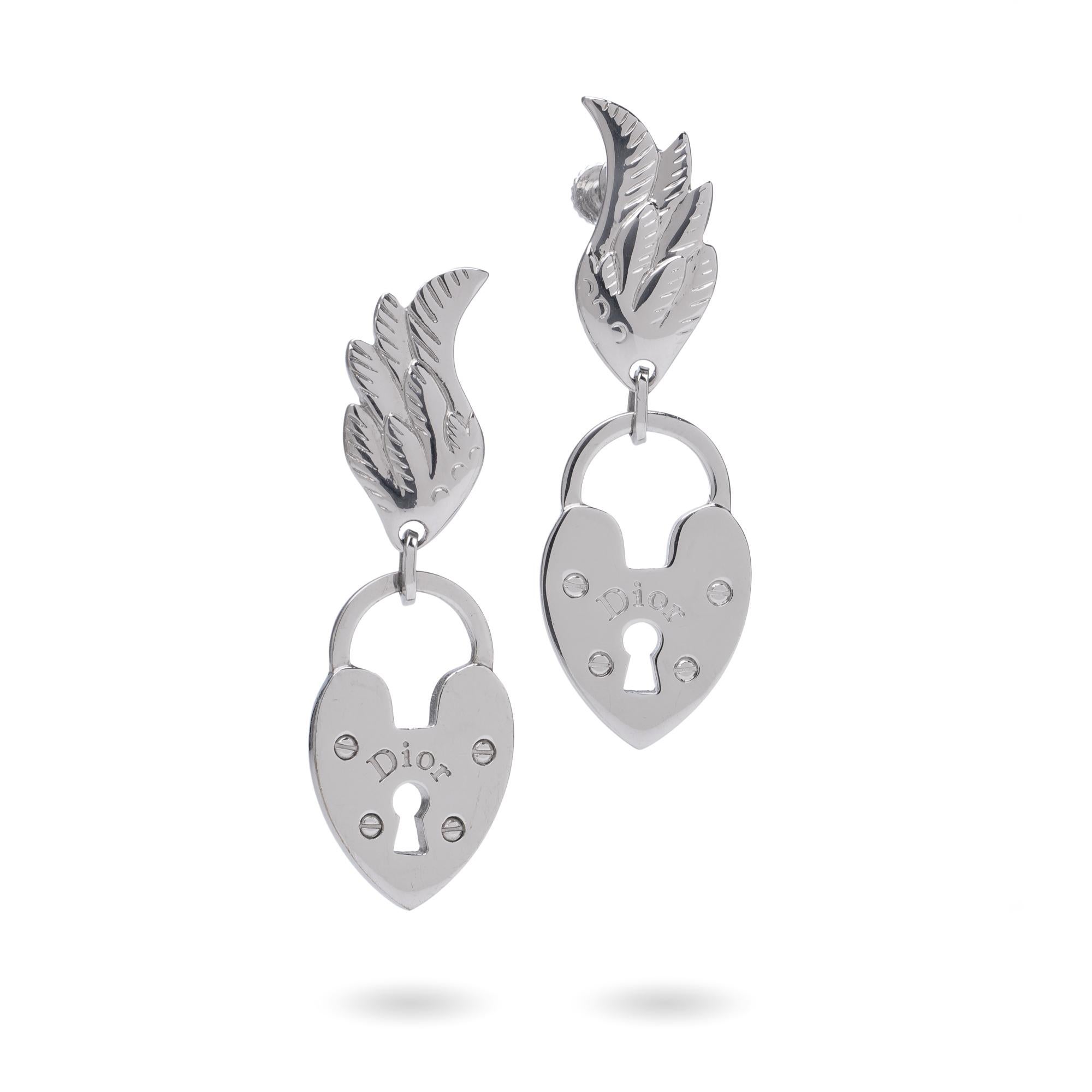 Dior vintage Heart Padlock Screw-Back Earrings with wing detail For Sale 3
