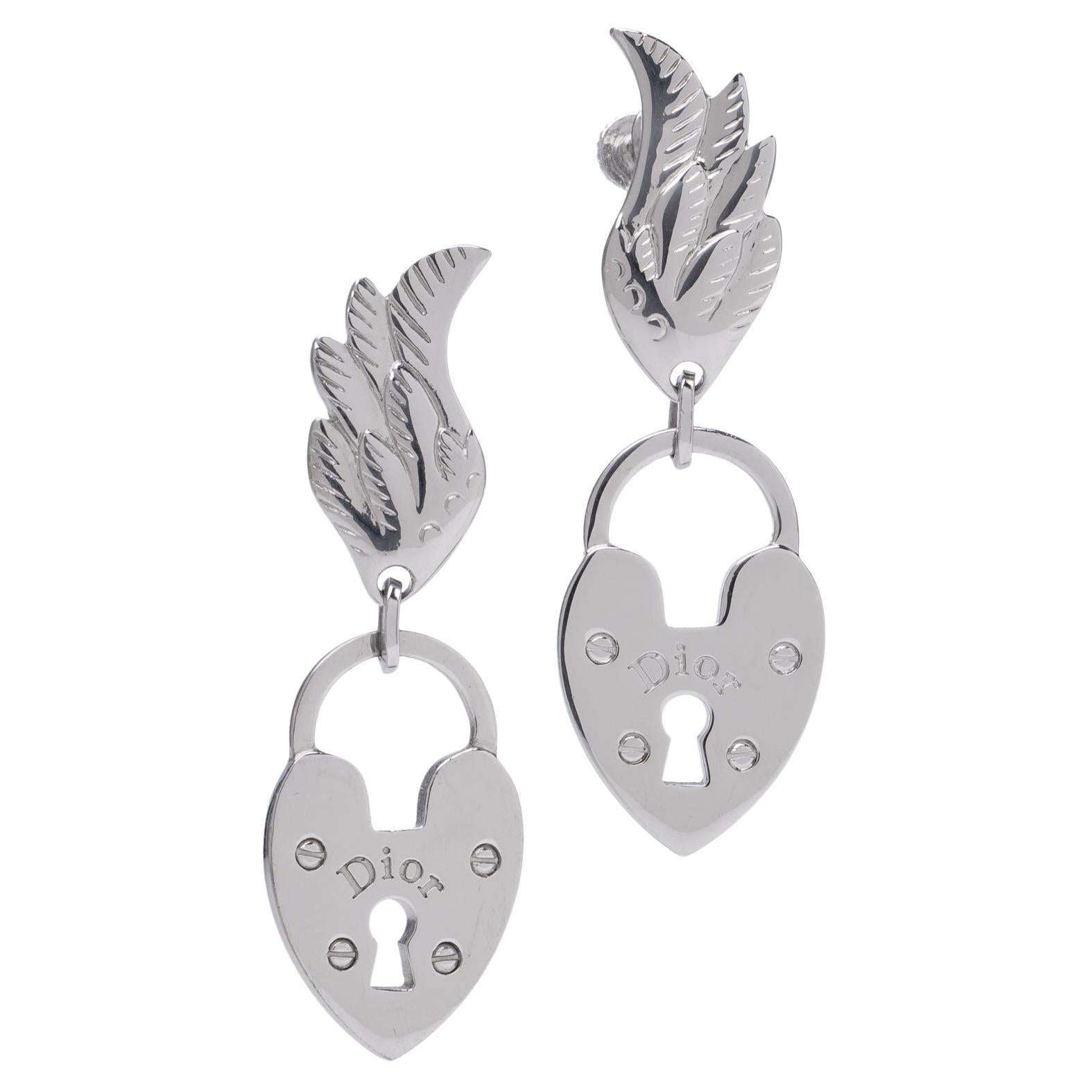 Dior vintage Heart Padlock Screw-Back Earrings with wing detail For Sale