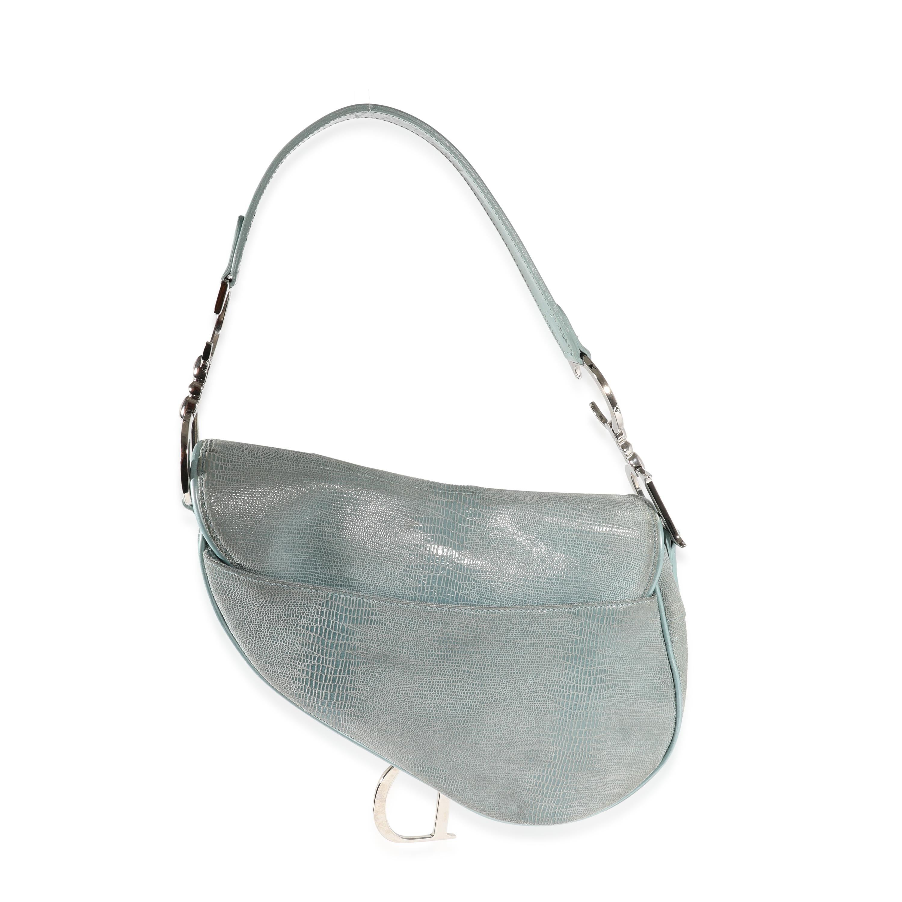 Dior Vintage Hellblaue Satteltasche mit Eidechsenprägung 1