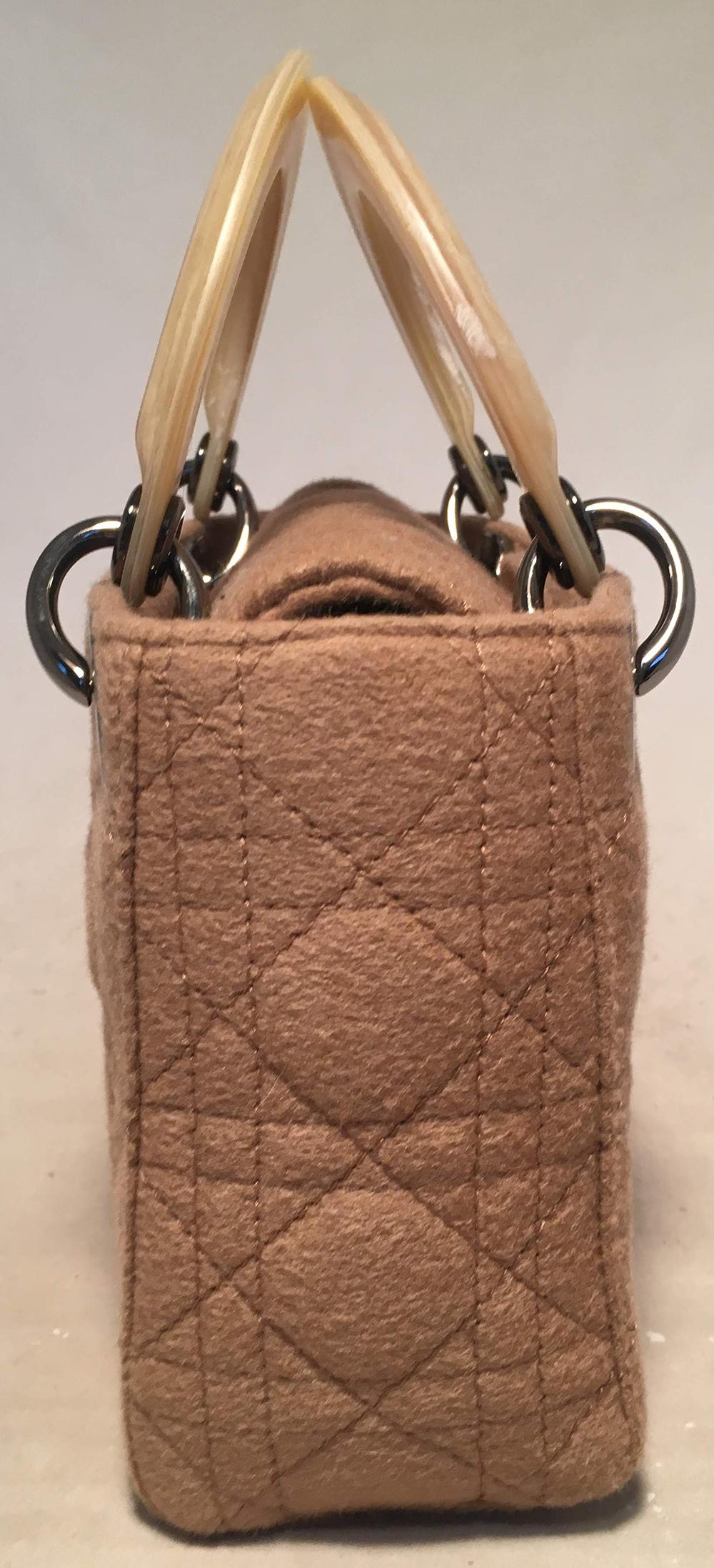 Dior Vintage Mini Lady Dior Tan Wool Cannage Quilted Bag in excellent condition. Tan wool cannage quilted body trimmed with gunmetal hardware and beige brushed resin handles. Top flap snap closure opens to a matching brown nylon interior that holds
