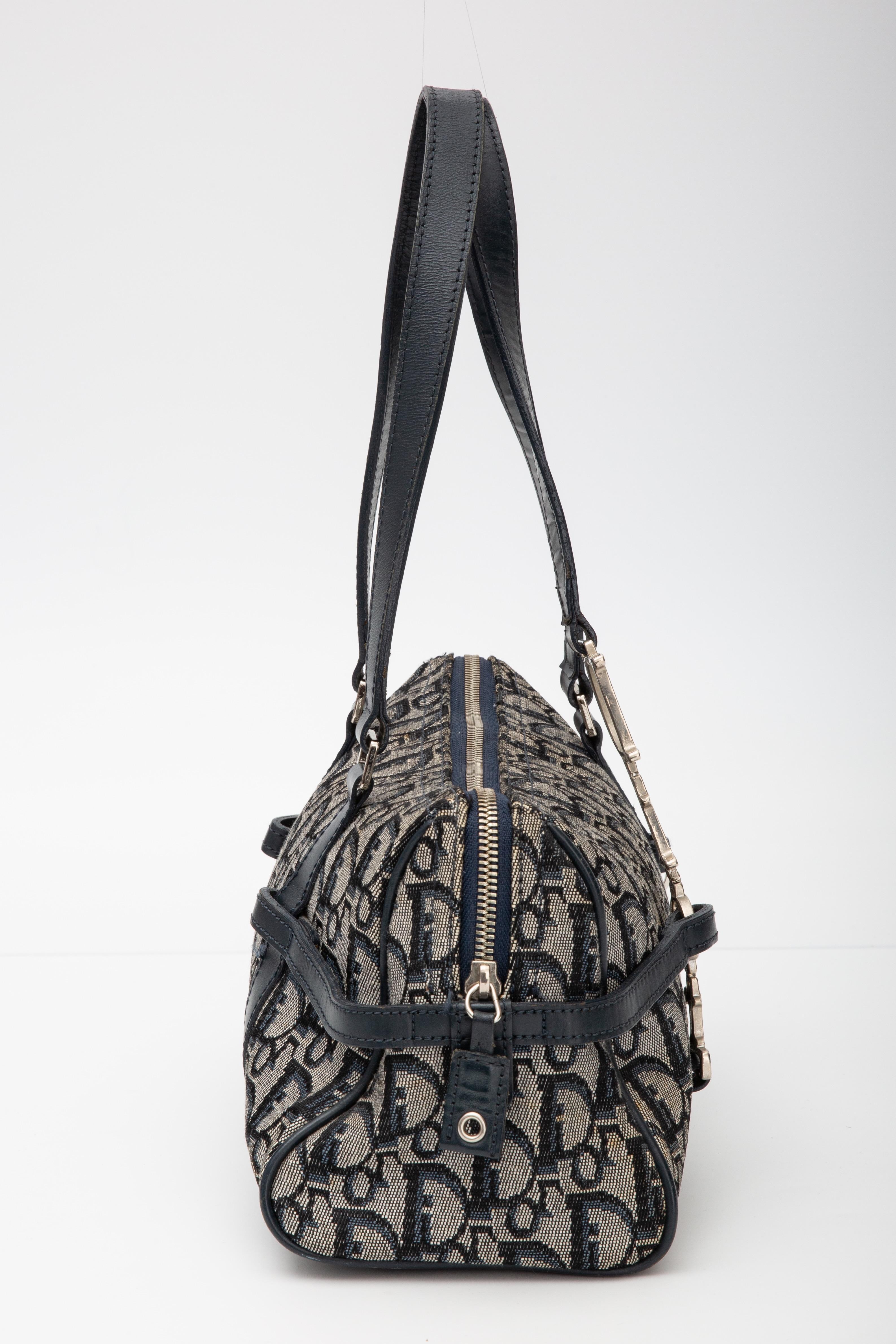 christian dior navy oblique trotter logo charm boston shoulder bag