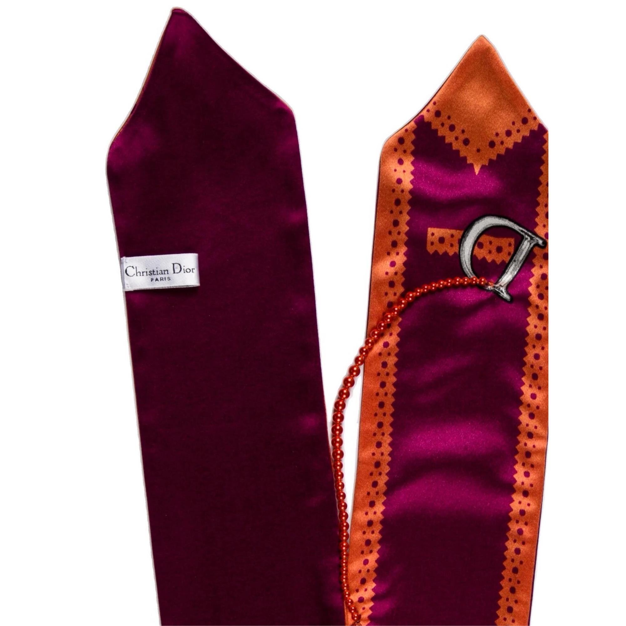 Rouge Dior - Écharpe en soie orange et violette ornée de perles, vintage en vente