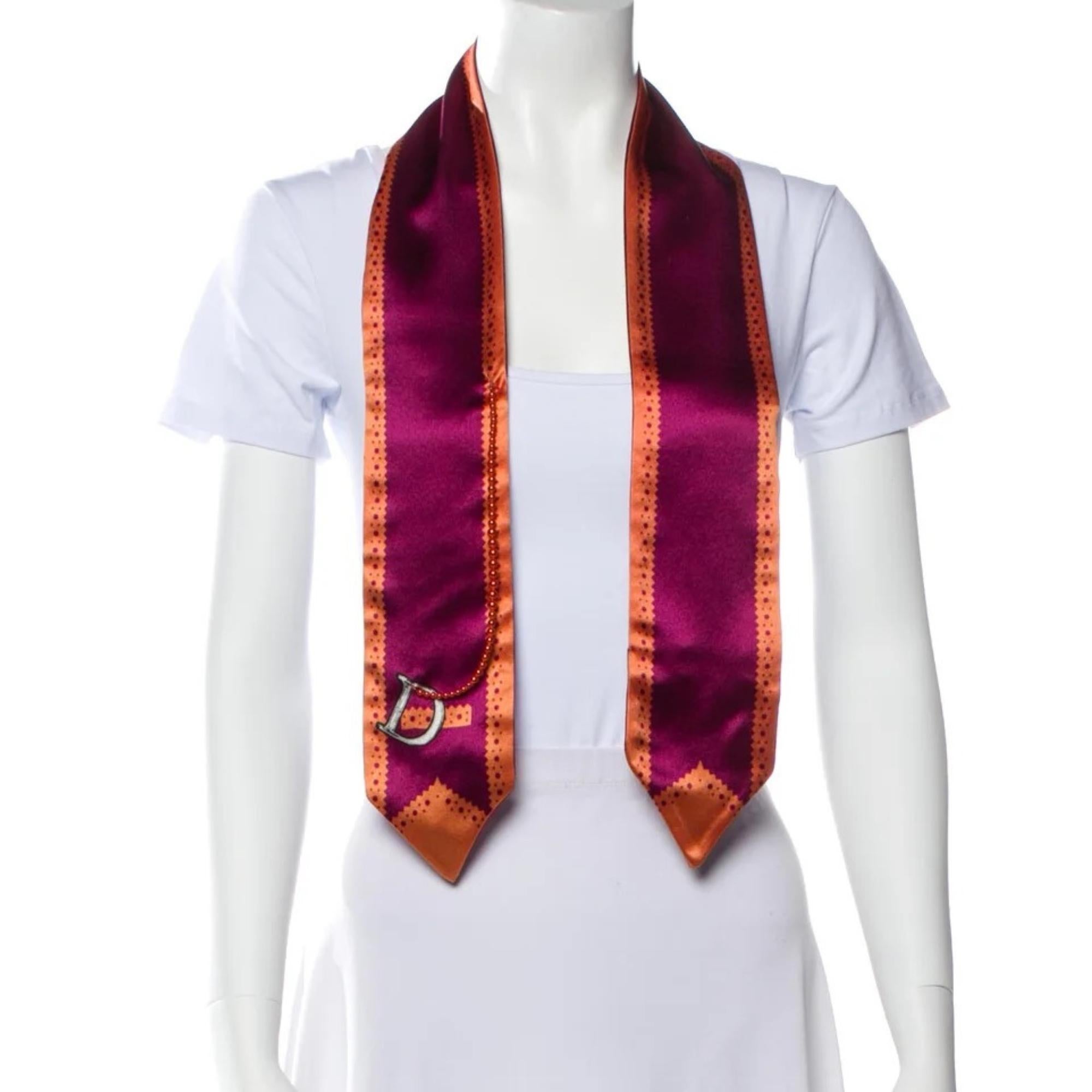 Dior Vintage Pearl Embellished Purple Orange Silk Scarf In Excellent Condition For Sale In Montreal, Quebec
