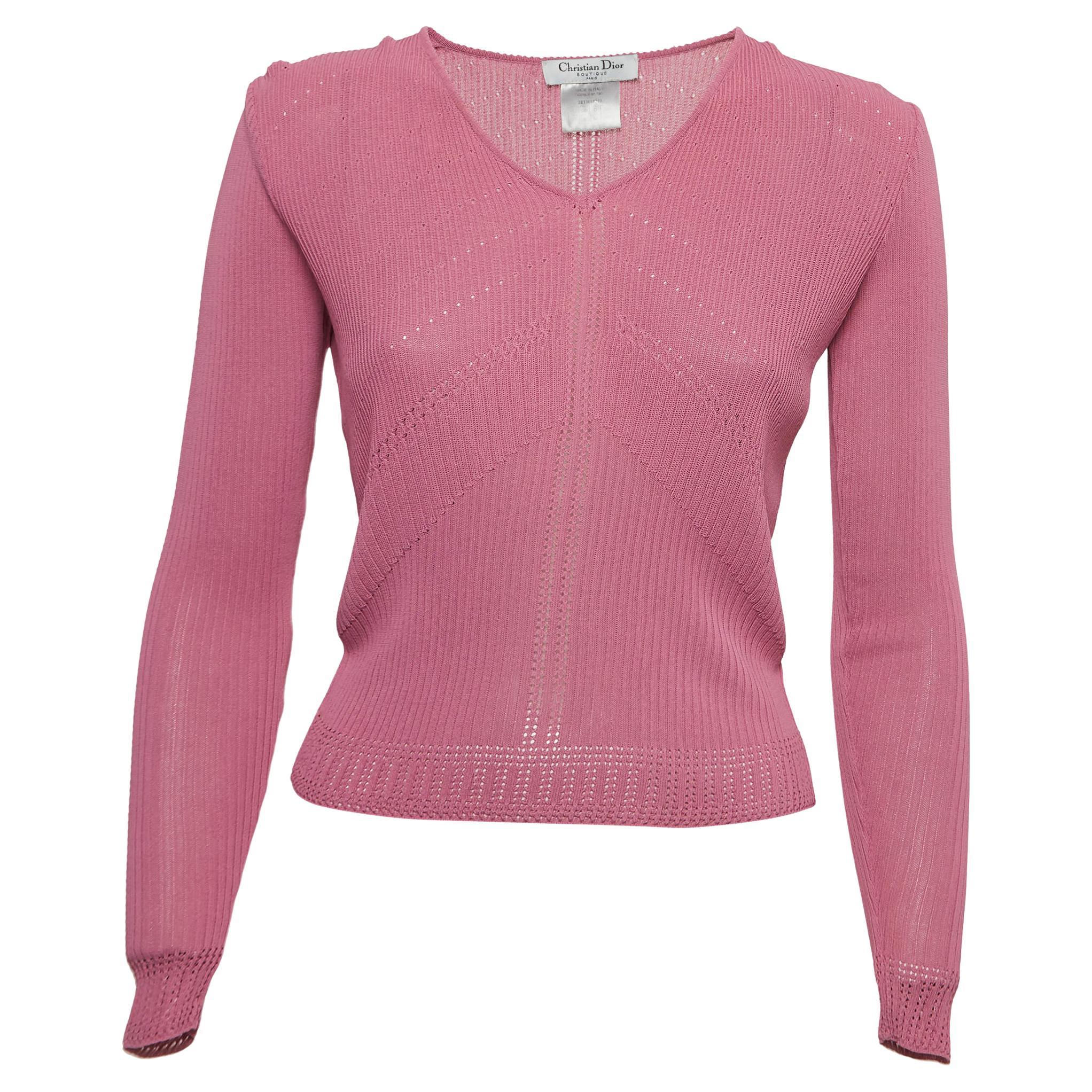 Dior Vintage Pink Perforated Knit Long Sleeve Top S